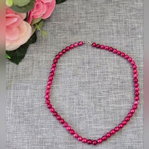 Vintage Freshwater Cultured Pearl Beaded Necklace Dyed Pink 16" Silver 925 Clasp